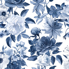 Blue and white ink illustration of flowers, peonies, orchids, leaves, white background. seamless pattern with elegant floral  blue against a pure white backdrop.