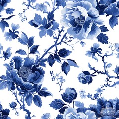 Blue and white ink illustration of flowers, peonies, orchids, leaves, white background. seamless pattern with elegant floral  blue against a pure white backdrop.