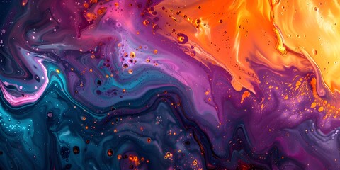 Vibrant abstract fluid art with swirling patterns of orange and purple