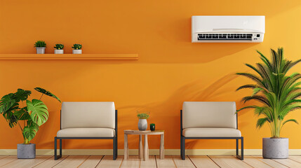 Air conditioner on the wall in a study with two armchairs
