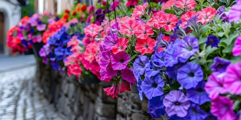 Closeup of colorful petunias in hanging baskets along a cobblestone alleyway. Concept Floral Photography, Hanging Baskets, Cobblestone Alleyway, Closeup Shots, Colorful Petunias