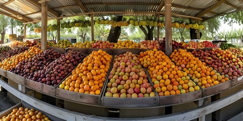 Capturing the panoramic scenery of a fruit stand brimming with fresh produce in an orchard. Concept...