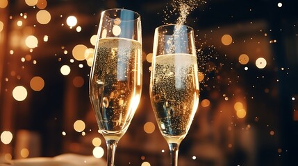 A close-up of champagne glasses filled with bubbling liquid, ready to be raised in a toast to the New Year. 8k