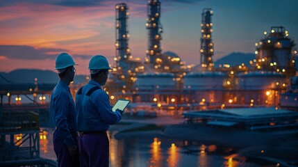 Two engineers engaged in discussion against the backdrop of an oil refinery, power plant, and the setting sun