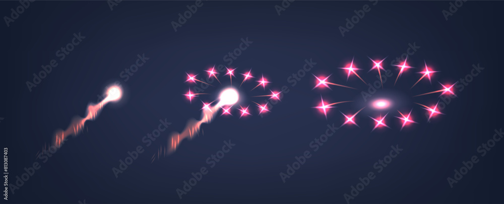 Poster vector sequence of light fireworks effects, starting with a trail of light that evolves into cluster