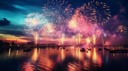 A colorful fireworks display lighting up the sky in a dazzling spectacle to mark the start of the New Year. 8k