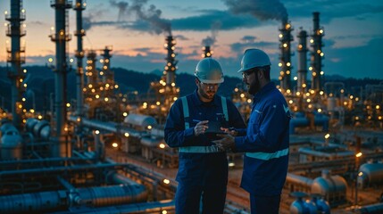 Two engineers engaged in discussion against the backdrop of an oil refinery, power plant, and the setting sun