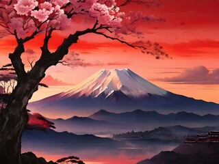 high quality, In the serene style of Japanese sumi-e, a portrayal of the first red sunrise gracing the silhouette of Mount Fuji, harmonized with the gentle allure of plum blossoms Generative AI