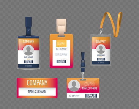 Collection Of Office Identification Badges. Realistic 3d Vector Set Of Various Design Options With Clips And Lanyards
