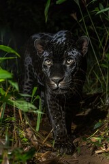 A mysterious black jaguar blending into the night