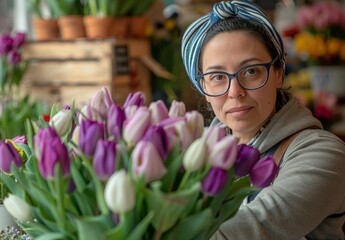 Woman Looking at Bunch of Tulips