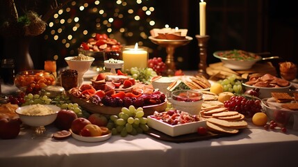 A festive New Year's Eve buffet table laden with a delicious spread of appetizers, finger foods, and hors d'oeuvres. 8k