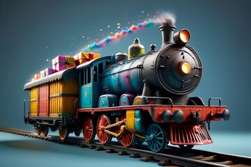 a bright colorful train travels with New Year's gifts