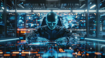 hologram man is working in front of a computer