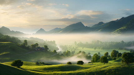 Obraz premium Mist-covered green hills in the early morning, presenting a serene and atmospheric landscape