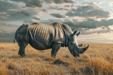 A powerful rhinoceros stands in a vast field, with a cloudy sky in the background. The large animal is grazing peacefully, showcasing its impressive presence