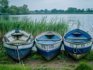 Three blue and white rowing boats parked on the shore of Lake Mieder rose, with green reeds in...