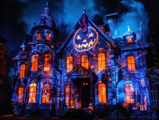Fototapeta premium A spooky Halloween house mansion under a dark, moonlit sky, surrounded by eerie trees, perfect for October celebrations and haunted house designs