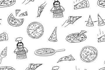 Seamless pattern of pizza, Italian cuisine, slice of pizza and satisfied cook. Pizza time. Pizza lover. Doodle style. Hand drawn. Great for menu design, banners, sites, packaging. Vector illustration