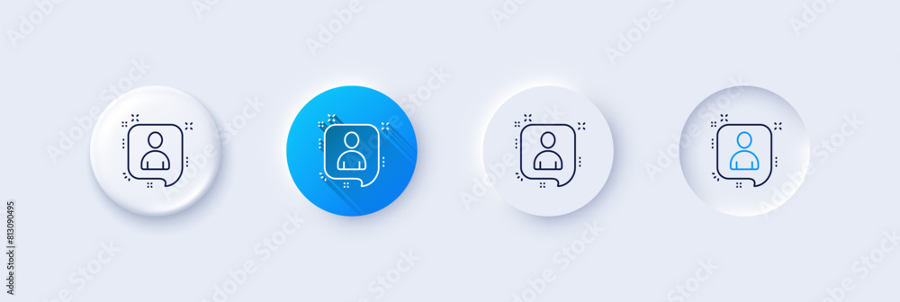 Poster developers chat line icon. neumorphic, blue gradient, 3d pin buttons. business management sign. spee