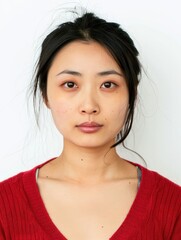 A Asian woman with a charming smile, dressed in a traditional red kimono, showcasing her elegant fashion sense in a studio setting