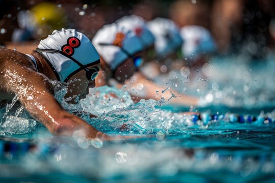 A team of swimmers racing in a pool during a swim meet