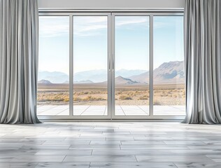An empty room with a large glass window offering a stunning view, showcasing modern architecture and luxurious interior design