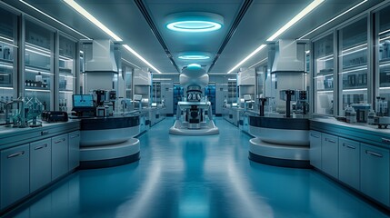 Obraz premium Artistic rendering of a biotech research lab in calming blue tones, designed for scientific publications and presentations.