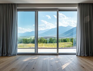 Fototapeta premium An empty room with a large glass window offering a stunning view, showcasing modern architecture and luxurious interior design