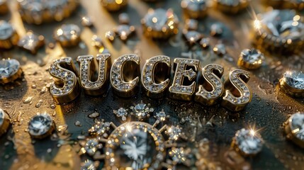 golden style metallic 3d letters bedazzled with diamonds in shape of text success on gold background