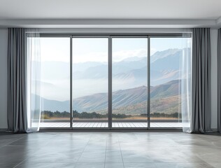 Obraz premium An empty room with a large glass window offering a stunning view, showcasing modern architecture and luxurious interior design