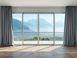 Obraz premium An empty room with a large glass window offering a stunning view, showcasing modern architecture and luxurious interior design
