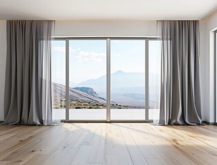 Obraz premium An empty room with a large glass window offering a stunning view, showcasing modern architecture and luxurious interior design