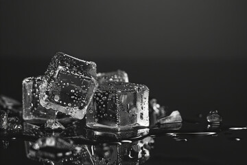 Black and white photo of ice cubes on a table.
