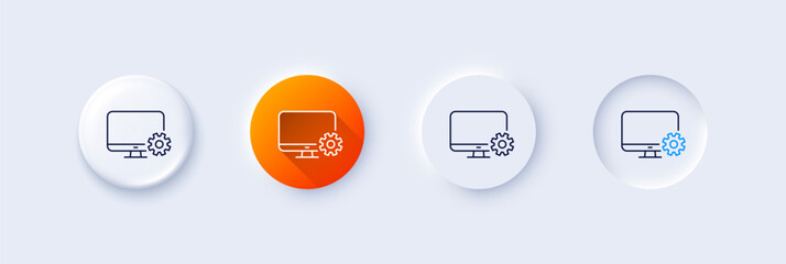 Computer or Monitor icon. Neumorphic, Orange gradient, 3d pin buttons. Service Cogwheel sign. Personal computer symbol. Line icons. Neumorphic buttons with outline signs. Vector