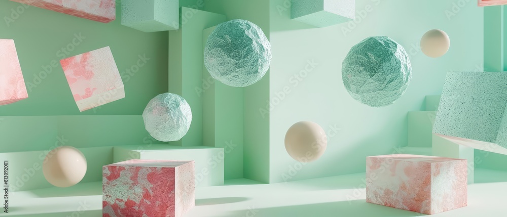 Poster pastel tone geometric shapes float effortlessly in a green gradient minimal setting, creating a sere