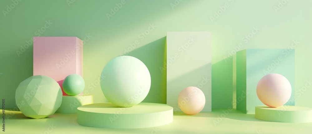 Poster pastel tone geometric shapes float effortlessly in a green gradient minimal setting, creating a sere