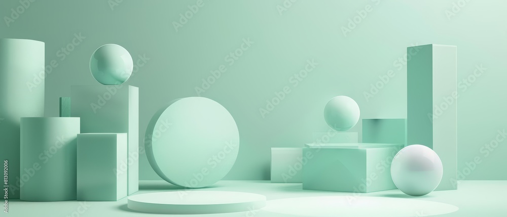 Poster pastel tone geometric shapes float effortlessly in a green gradient minimal setting, creating a sere
