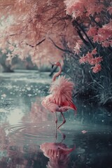 A pink flamingo is standing gracefully in the shallow waters, showcasing its elegant form. The bird is surrounded by the serene environment of the waters edge