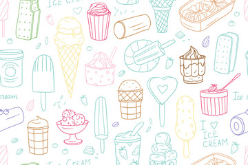 Seamless pattern of ice cream in doodle style. Ice cream waffle cones, ice cream bars on sticks, ice cream in a paper cup. Hand drawn. Great for summer dessert menu design