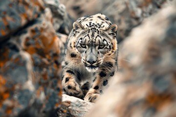 This photo shows a close-up of an elusive snow leopard navigating rocky terrain. The snow leopard is perched on a rock, showcasing its spotted fur and intense gaze