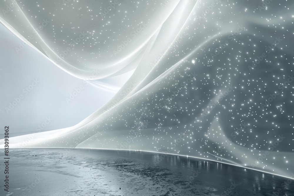 Poster the curved wall is adorned with a flowing particles effect, embodying a wave curved shape that capti