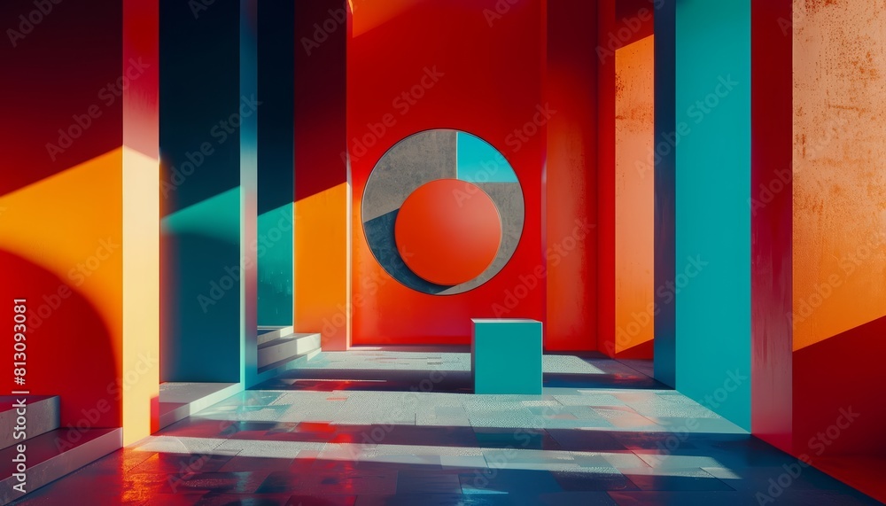 Poster the studio showcase is highlighted by dynamic geometric shapes in a retrothemed poster, sharpen 3d r