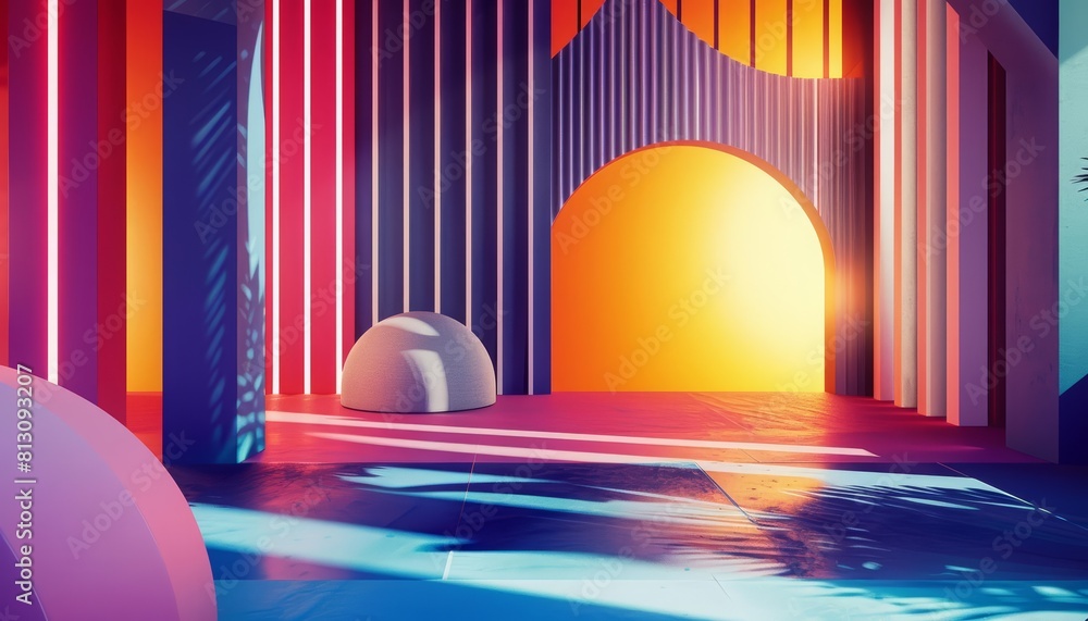 Poster the studio showcase is highlighted by dynamic geometric shapes in a retrothemed poster, sharpen 3d r