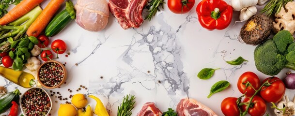 meat and seafood and vegetables on the table, a marble table top