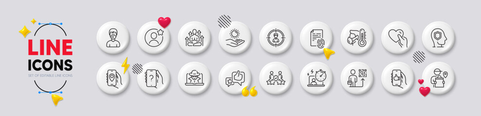 Delivery man, Fingerprint and Timer line icons. White buttons 3d icons. Pack of Sun protection, Hold heart, Like app icon. Ask question, Medical mask, Fraud pictogram. Vector