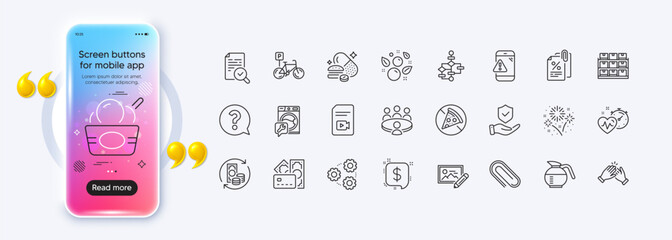 Tax documents, Coffeepot and Fireworks line icons for web app. Phone mockup gradient screen. Pack of Insurance hand, Prohibit food, Question mark pictogram icons. Vector