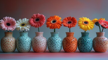 Crafted Delights: Whimsical Clay Vases Adorned with Playful Rainbows and Pastel Animals, Blossoming Gerbera Flowers