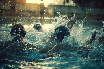A group of VetalVit athletes are seen competing in an intense game of water polo in a pool. The athletes are swimming and maneuvering around the pool as they try to score goals and defend their team