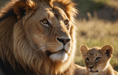Fototapeta premium Two big cats with whiskers standing next to each other, gazing intently